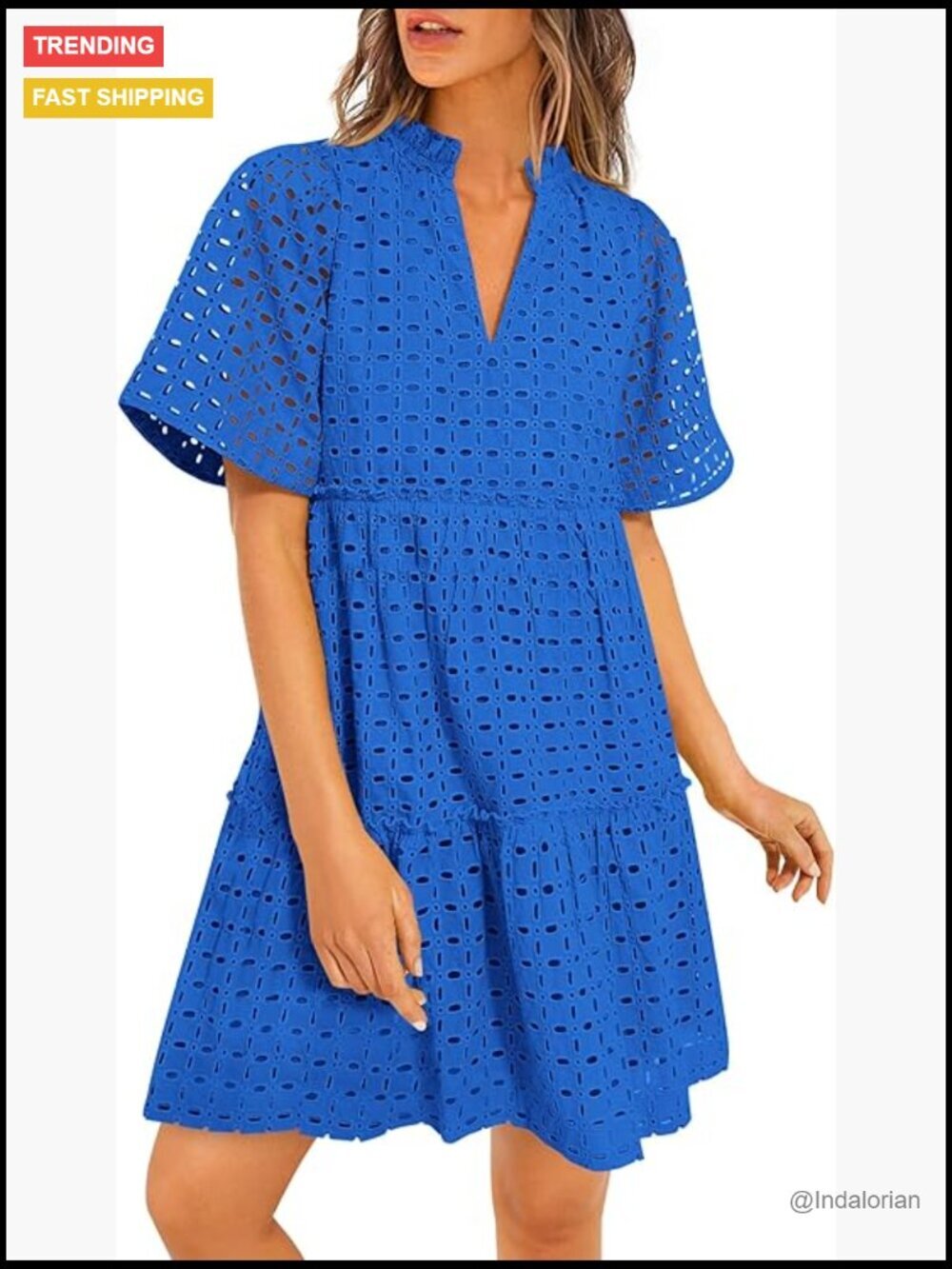 Eyelet Short Sleeve V Neck Hollow Out Ruffle A Line Boho Mini Dress